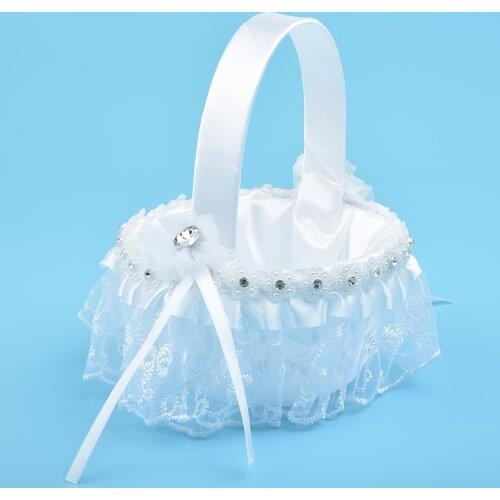 Flower Girl Portable Cute Handle White Flower Basket Basket Storage Fabric Lace Wedding Party Ceremony Decoration