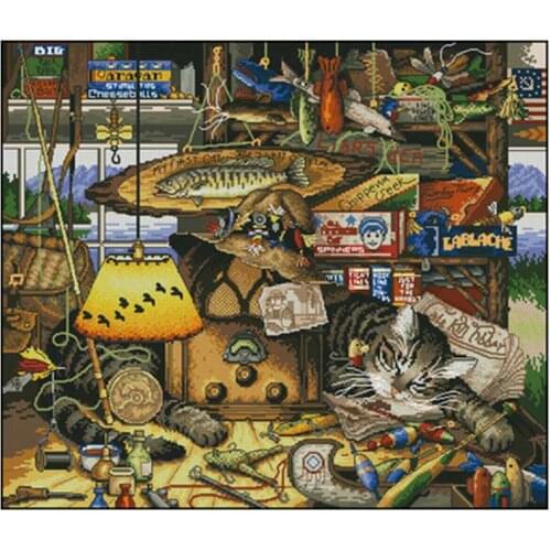Kitten fishing patterns Counted Cross Stitch 11CT 14CT 18CT DIY wholesale Chinese Cross Stitch Kits Embroidery Needlework Sets