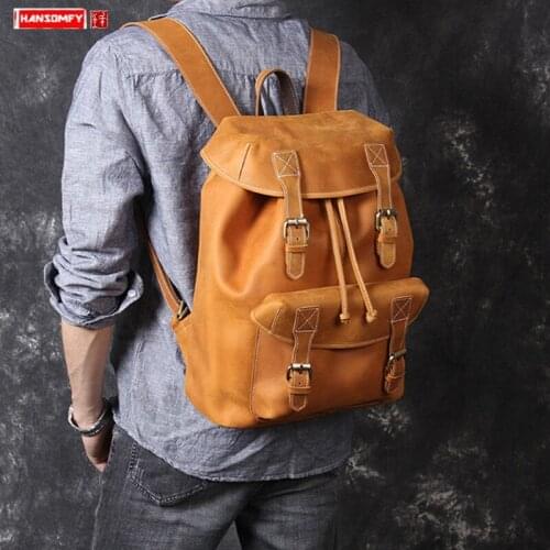 Mens Backpack Laptop Bag Travel Backpacks Large Capacity First Layer Cowhide Original New Retro Handmade Crazy Horse Leather