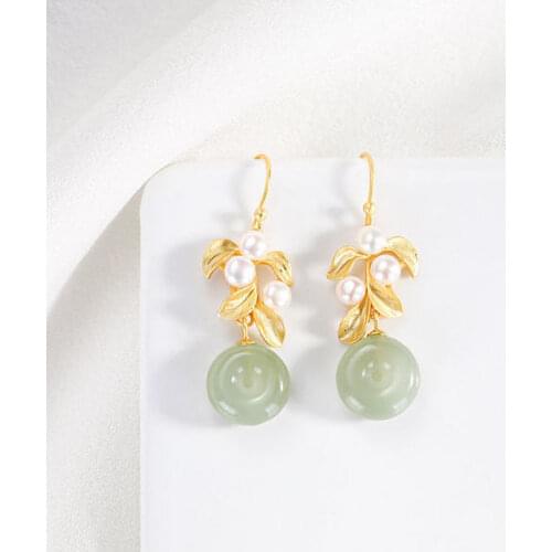 S925 Sterling Silver Natural Hetian Gray Jade Pearl Earrings Ladies Peace Buckle Simple Graceful and Fashionable Eardrop Earring