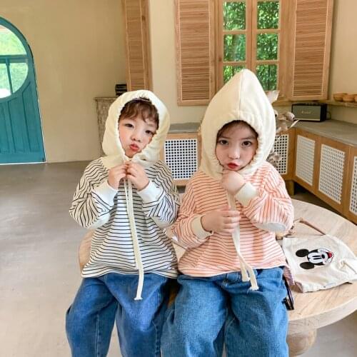 Girls Spring and Autumn Hooded Sweater 2020 New Korean Childrens Striped Loose Shirt Korean Childrens Clothing