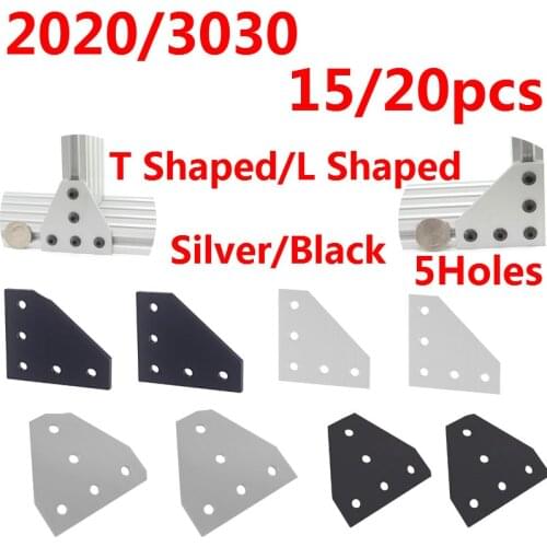 2020/3030 T Shaped/L Shaped Aluminium Angle Connection Joint 3D Printer Silver/Black Corner Joining Plate 5Holes 15/20pcs
