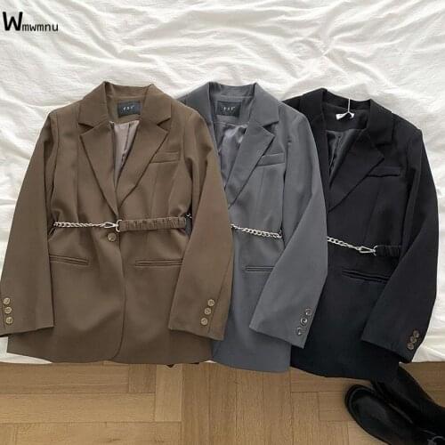 Street Vintage Long Sleeve Loose Suit Jacket Fashion Casual Chic Design Chain Sashes Blazer Spring Women Single Button Outerwear