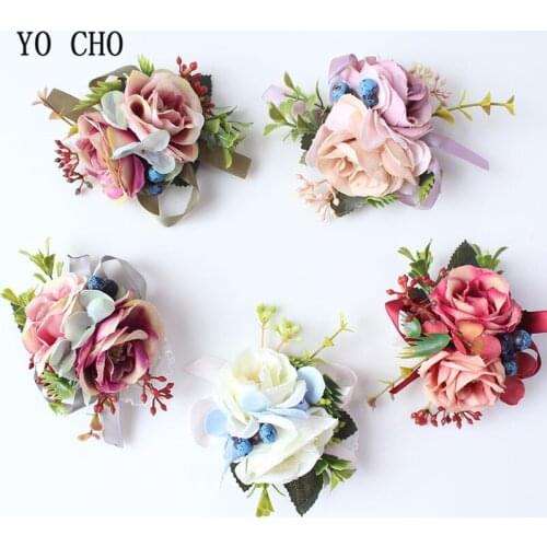 YO CHO Blue Burgundy Bridesmaid Rose Flower Corsage Bridegroom Boutonniere Pin Bridal Wrist Corsages Bracelet Wedding Supplies