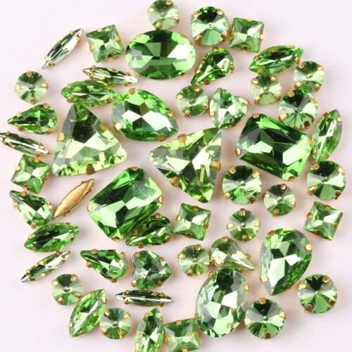 Gold claw setting 50pcs/bag shapes mix Peridot glass crystal sew on rhinestone wedding dress shoes bags diy trim