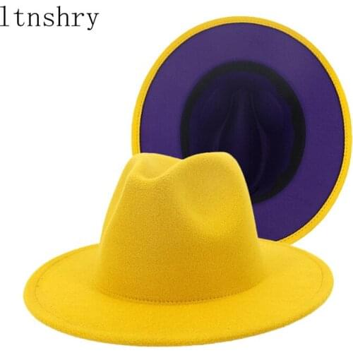 2020 new Black Red Patchwork Wool Felt Jazz Fedora Hats Buckle Decor Women Unisex Wide Brim Panama Party Trilby Cowboy Cap