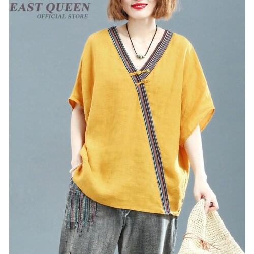 Chinese Style Clothing Women Tops And Blouses Cotton Linen V Neck Short Sleeve Plus Size 100Kg Summer Ladies Chinese Tops TA1762