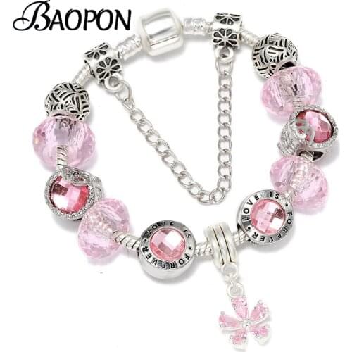 BAOPON Flower Pendant Charm Bracelets With Silver Plated FOREVER LOVE Beads Brand Bracelets For Women Christmas Jewelry Gift