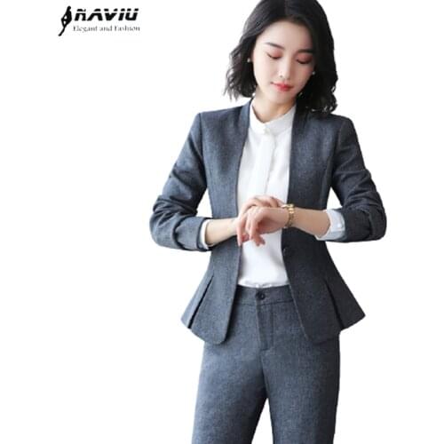 Gray Fashion Women Pants Suit New Professional Formal Long Sleeve Slim Blazer and Trousers Office Ladies Work Wear