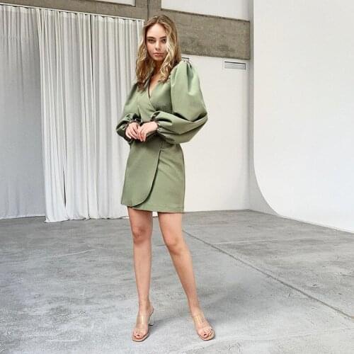 Autumn New Temperament Ladies Dress Long Sleeve V-neck High Waist Lantern Sleeve French Woman Skirt Woman Clothing WE395