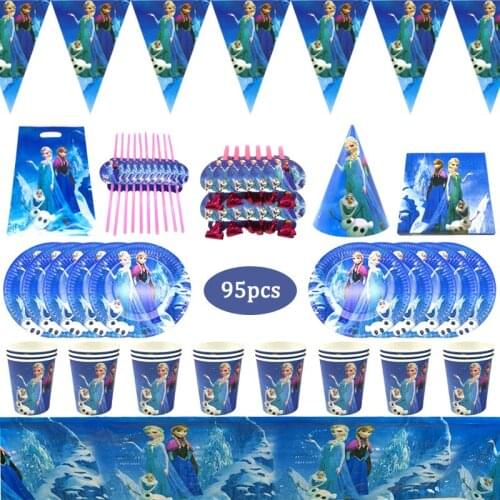 95pcs Disney Frozen Girls Favors Birthday Party Decorations Disposable Tableware Peper Cup Plate Baby Shower Gift Supplies