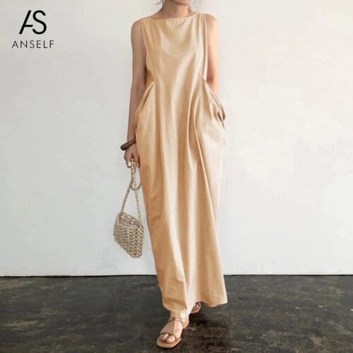 Anself Elegant Solid Maxi Dress Womens Summer Sundress 2021 Casual Sleeveless sarafans Vestidos Female Cotton Robe Plus Size