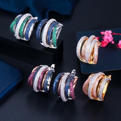 CWWZircons Luxury Twist Lines Micro Cubic Zirconia Setting European Women Wedding Big Hoop Earrings Dubai Gold Jewelry CZ878