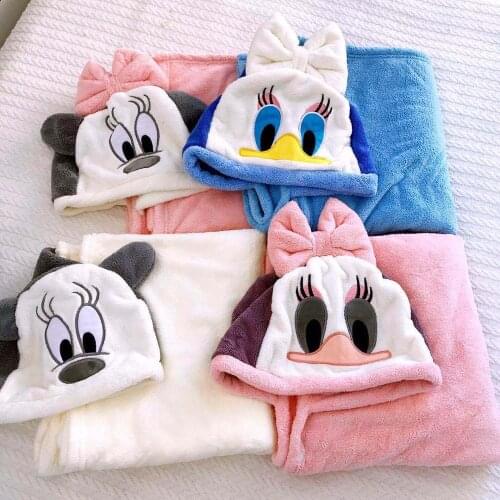 Disney Cute Pink Blue Mickey Minnie Mouse Donald Duck Hooded Cloak Air Conditioning Cover Children Kids Kindergarten Nap Blanket