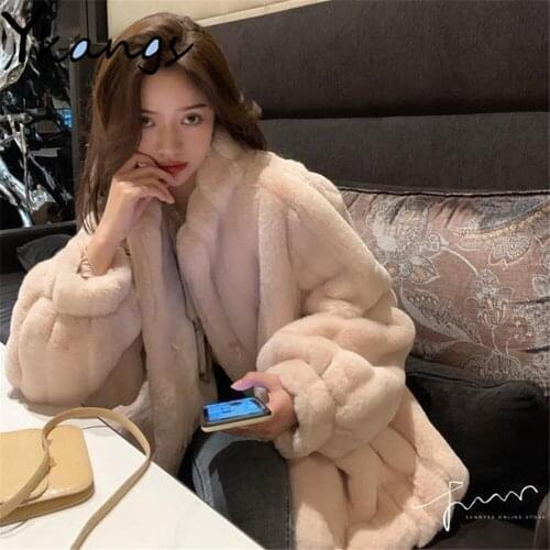 Elegant Sweet Imitation Rabbit Fur Jacket Autumn Winter Apricot Thick Warm Solid Parka Korean All-Match WomenS White Short Coat