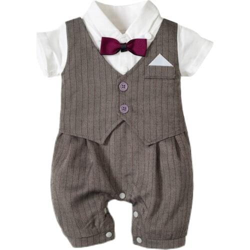 Wholesale Newborn Clothes Baby Boy Rompers Infant Short Sleeve Baby Boy Birthday Party Costume Outfit One Piece Bow