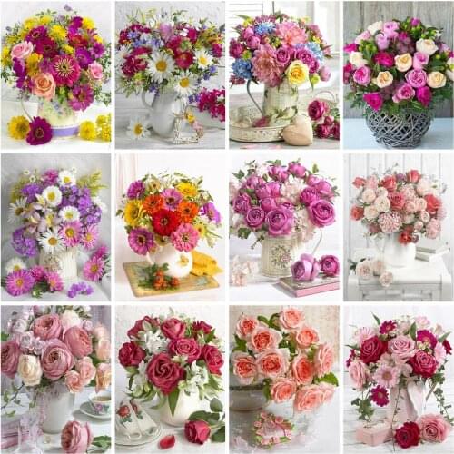 Huacan Full Diamond Embroidery Kits Flower 5D DIY Diamond Painting Mosaic Cross Stitch Rose Vase Home Decor