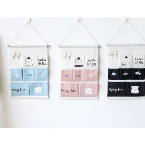 Bear 7 Pockets Wall Hanging Storage Bags Cotton Linen Door Organizer Waterproof Pouch Bedroom Home Wall Decoration