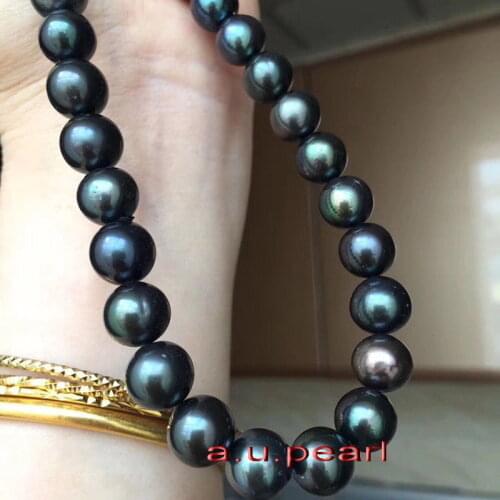 AAAAA 18 inch 10-11mm Natural REAL ROUND TAHITIAN black pearl necklace