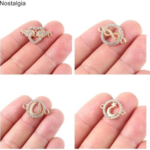 Nostalgia 10Pcs Crystal Angel Wings Infinity Love Heart Lucky Horseshoe Star And Moon Charms With Bracelet Connectors Gold Tone