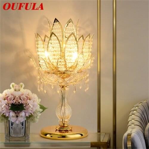 OUFULA Luxury Gold Table Lamps Contemporary LED Creative Crystal Desk Light Lotus for Home Bedroom Decoration
