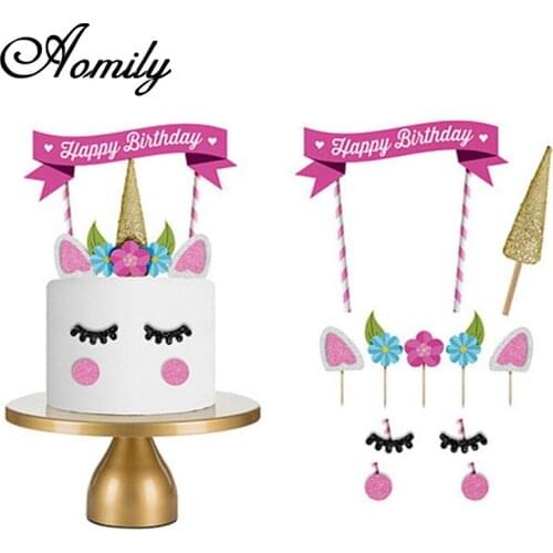 Aomily 1 Set Handmade Pink Unicorn Party Cupcake Decoration Happy Birthday Party Flag Baby Children Party Decor Cake Decor Tools