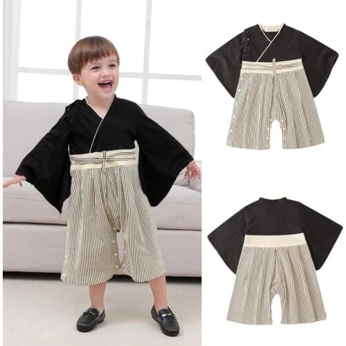New Year Japanese Traditional Costumes Newborn Boys Rompers Kimono Full Sleeve Cotton Striped Infant Boys Samurai Yukata Haori
