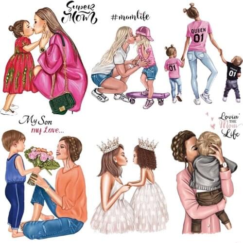 Mom/Baby Stickers Heat Transfer Vinyl For Clothing Cartoon Girl/Baby Iron on Transfers On Clothes For Kids T-Shirts Appliques