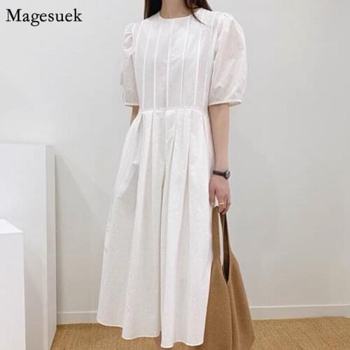 Vintage Elegant Puff Sleeve White Summer Dress Women Loose Pleated Woman Dress Korean Chic Cotton Long Dresses Vestidos 14513