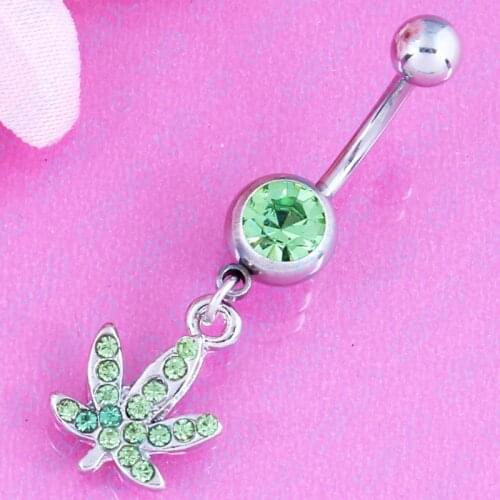 Retail Stainless Green Rhinestone Maple Leaf Navel Barbell Bar Belly Button Ring belly navel ring Nickel-free