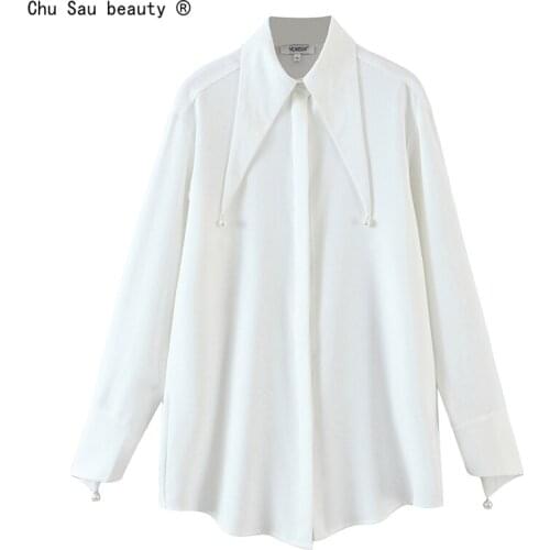 2021 Spring Autumn Chic Fashion Loose Pearl Turn Down Collar White Mid-Length Single-Breasted Loose Shirt Women Casual