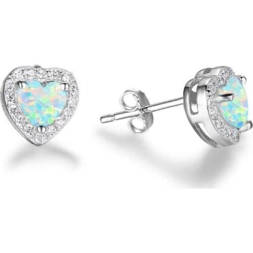 Romantic Style Silver Plated Cute Heart Opalite Opal Stud Earrings for Women Valentines Day Jewelry