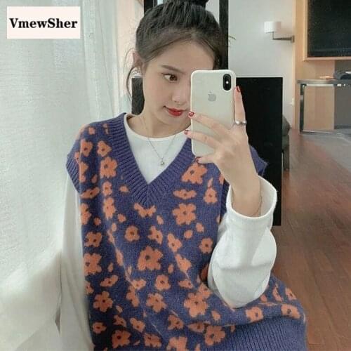 VmewSher New Flower Spring Autumn Women Sweater Vest Elegant Female Sleeveless Knit Pullover V Neck Floral Jumper Tops Waistcoat