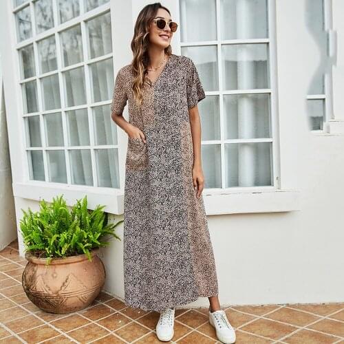 New Women Maxi Dress Summer Kaftan Fashion Print Boho Short Sleeve V-Neck Slit Caftan Vintage Holiday Party Gown Beach Vestidos