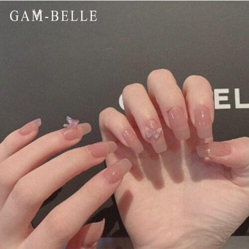 GAM-BELLE Elegant Nude False Nails 3D Butterfly Nail Art Decoration Full Cover Artificial Press On Nails Manicure Beauty Tools