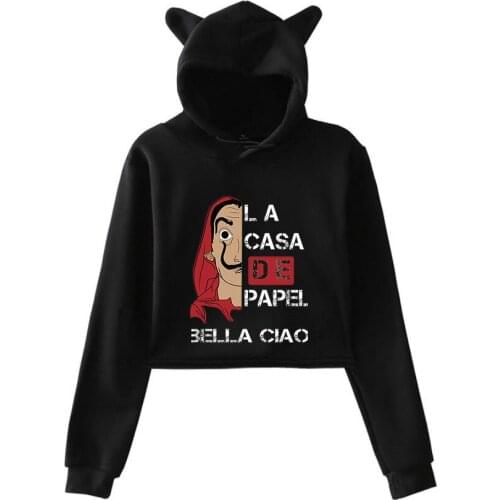 La Casa De Papel Crop Top womens Hoodies Money Heist House of Paper Kawaii girls Cat Ear Cropped Hoodie Sweatshirt pullover