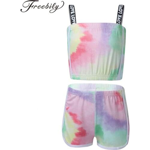 Summer Swimwear for Girls Sleeveless Tie-dye Printed Crop Top + Shorts 2Pcs Childrens Sports Suits for Fitness Workout Gym