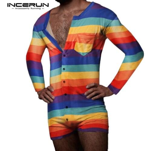 Men Pajamas Romper Colorful Striped Long Sleeve Button Homewear Casual Jumpsuits Cozy Fitness Men Overalls Nightwear INCERUN 5XL
