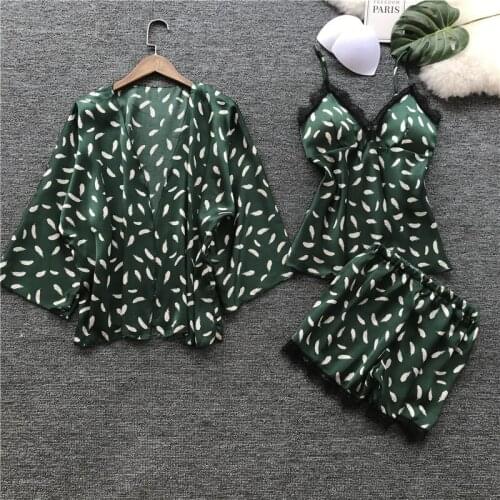 JULYS SONG Woman Fashion Spring Sleepwear 3 Piece Sexy Pajamas Set Faux Silk Women Top And Shorts Sling Sleeveless Summer Robe