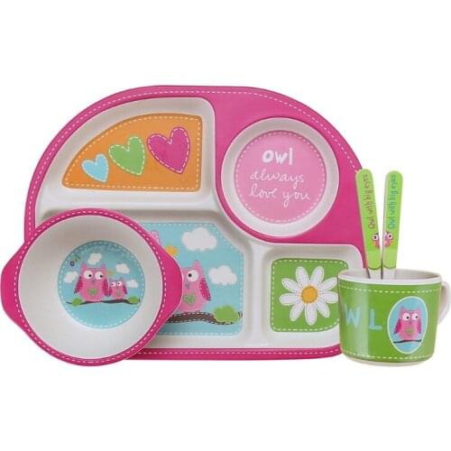 R9JD 5 Pcs Bamboo Fiber Kids Tableware Set Sections Dinner Plate+Bowl+Spoon+Fork+Water Cup Kit