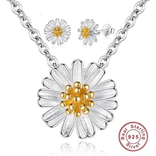 Luxury Gold Color Daisy Flower Jewelry Sets For Women Wedding with 925 Sterling Silver Necklace Earrings Set Party Gift
