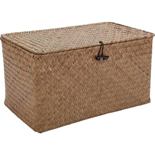 Handmade Straw Woven Storage Basket with Lid Makeup Organizer Storage Box Seagrass Laundry Baskets Rattan Jewelry Box