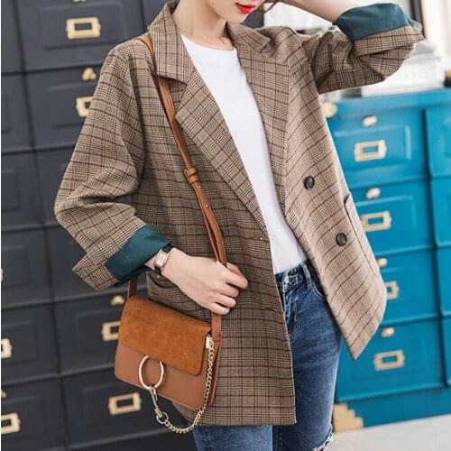 Vintage Plaid Checked Blazer Women Long Sleeve Suit Jacket Coat Femme Casual Double Breasted Outerwear Female Autumn Winter 2020