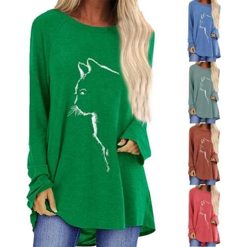 Women Blouses Autumn Polyester Long Sleeve Cats Print O Neck Mid-length Loose Blouse Top shirt Womens Clothing топ женский 2021