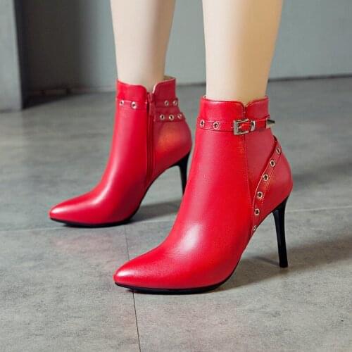 YMECHIC Sexy Stiletto Thin High Heels Bootie Yellow Red Blue Rivet Buckle Strap Pointed Toe Autumn Winter Ankle Boots Female