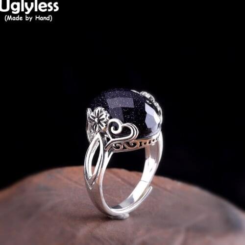 Uglyless Ethnic Thai Silver Little Flowers Rings for Women Noble Dark Blue Gemstones Open Rings Real 925 Silver Vintage Jewelry