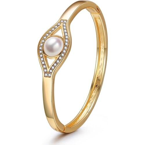 Rhinestone Pearl Bracelet Alloy Metal Eye Shape Bangle for Women Girls Fashion Elegant Exquisite Wrist Jewelry
