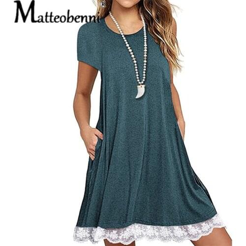 2021 New High Quality Lace Edge Stitching O-Neck Short Sleeve Loose Waist Large Size Dress Ladies Fashion Casual Street Dresses