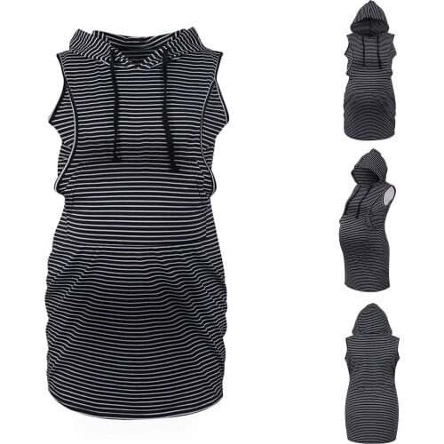 Women Pregnant Dress Summer Hooded Short Sleeve Pregnancy Clothing Striped Print Maternity Dresses Vestidos De Mujer Casual