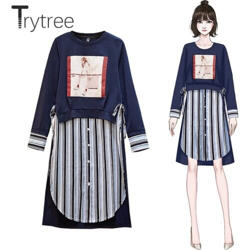 Trytree Spring Autumn Woman Dress O-Neck Casual Patchwork Button Stripe Loose Split hem Fashion Temperament Knee-Length Dress